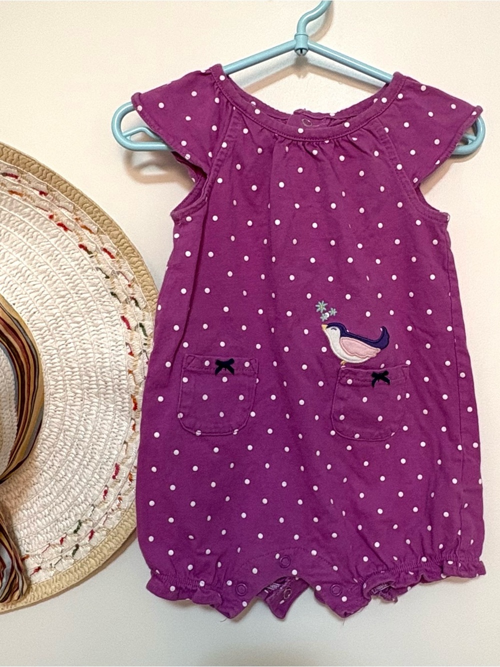 Purple Polka Dot Baby Romper with Bird Embroidery Romper
